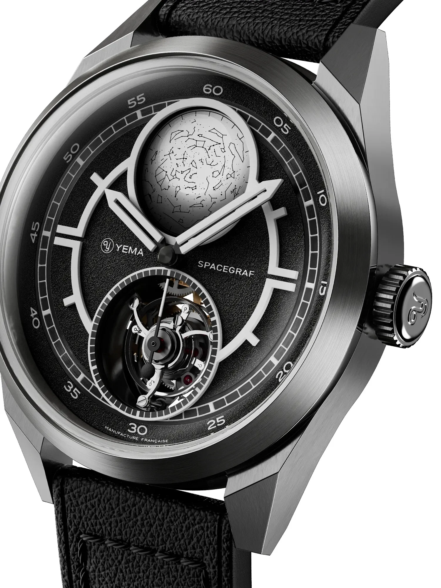 Zifferblatt der Yema Spacegraf Heure Sidérale schräg von oben mit heller Sternscheibe bei zwölf Uhr, Minuterie und Schwertzeigern