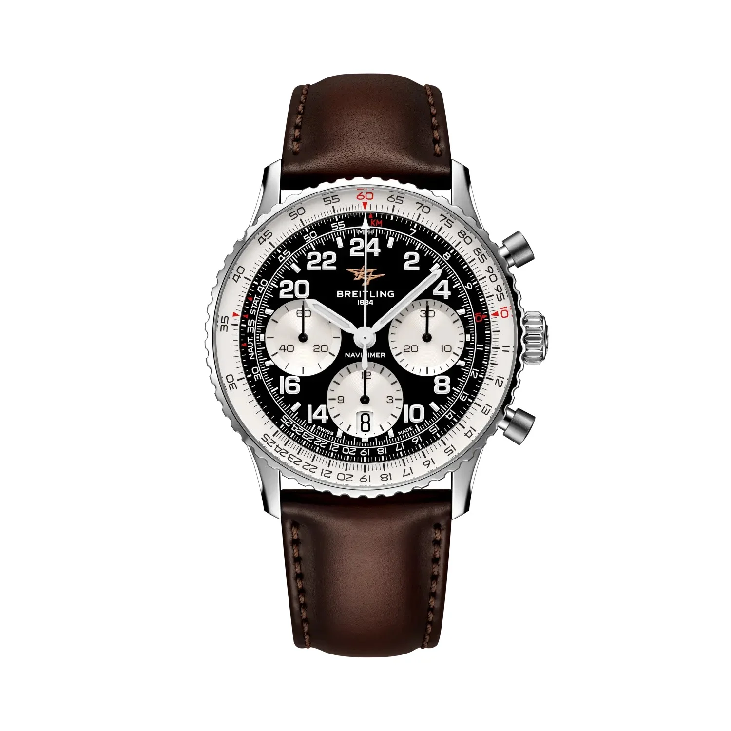 Breitling Navitimer B02 Chronograph 41 Cosmonaute AB0230211B1X1 mit schwarzem 24-Stunden-Zifferblatt, Datum bei sechs Uhr und braunem Lederband