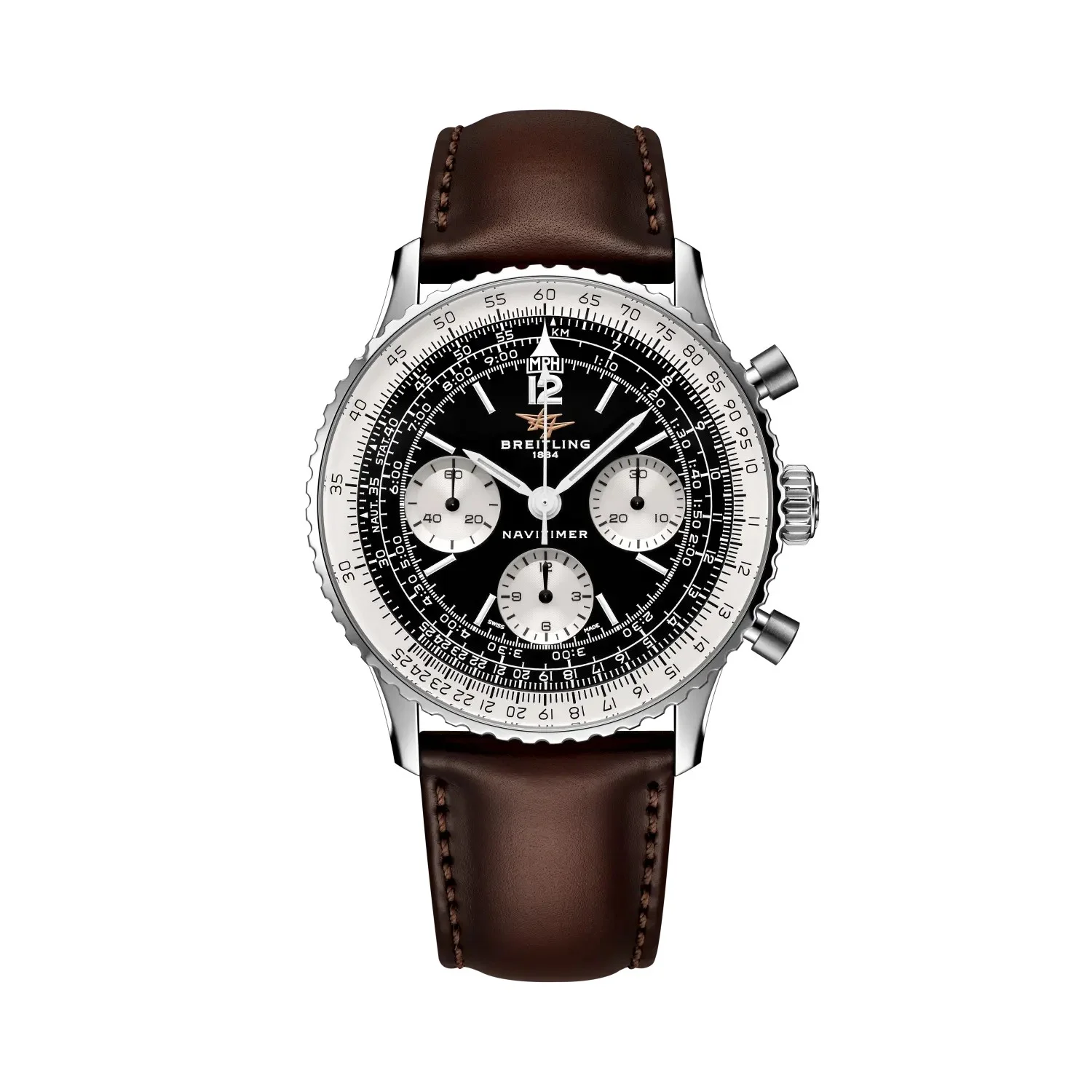 Breitling Navitimer B09 Chronograph 41 AB0950211B1X1 frontal mit schwarzem Zifferblatt, weißen Hilfszifferblättern, Rechenschieber-Lünette und braunem Lederband