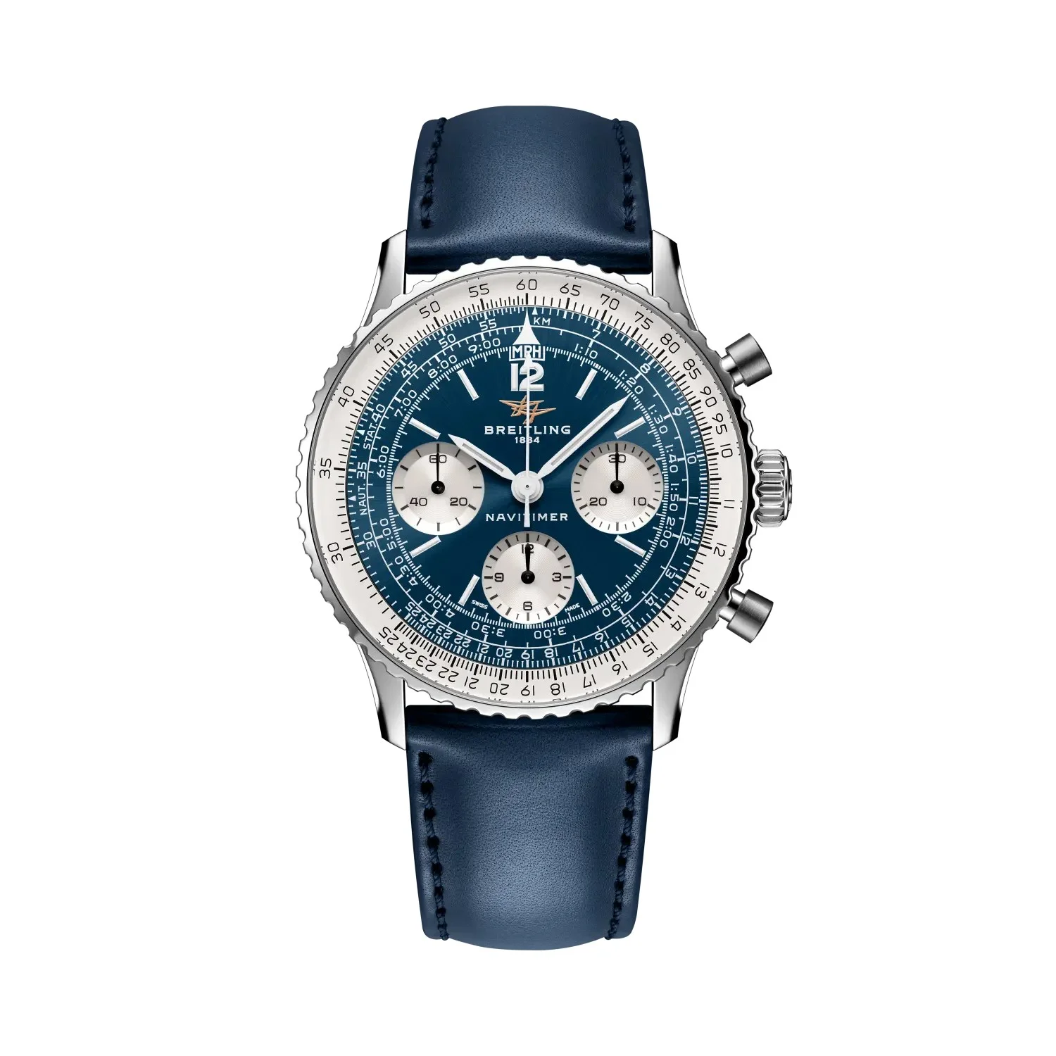 Breitling Navitimer B09 Chronograph 41 AB0950211C1X1 mit blauem Zifferblatt, weißen Hilfszifferblättern und blauem Lederband
