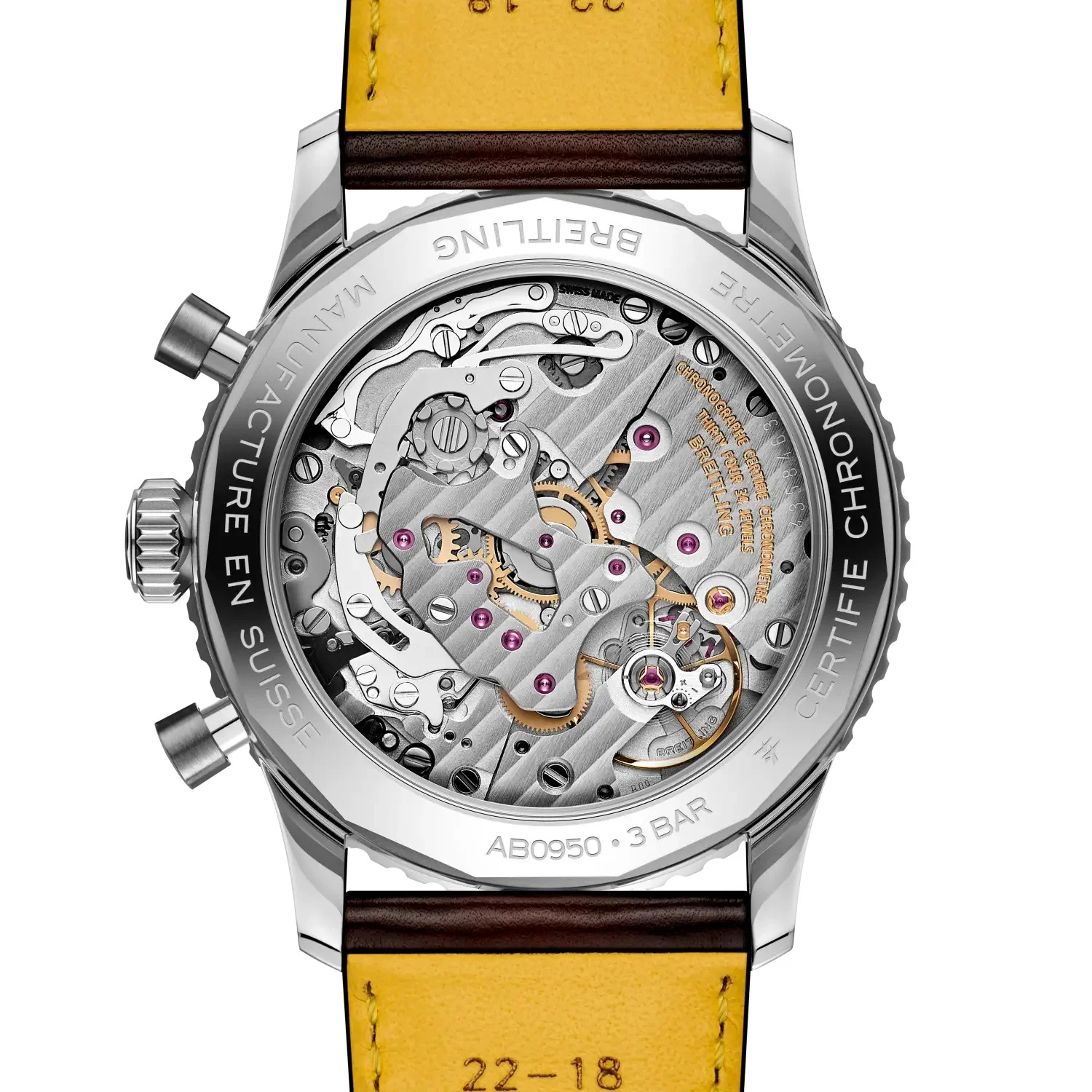 Rückseite der Breitling Navitimer B09 Chronograph 41 mit Saphirglasboden und Blick auf das Handaufzugskaliber B09
