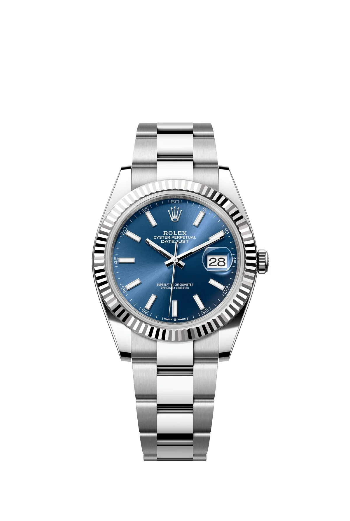 Rolex Datejust 41 mit blauem Zifferblatt und geriffelter Lünette aus Weißgold
