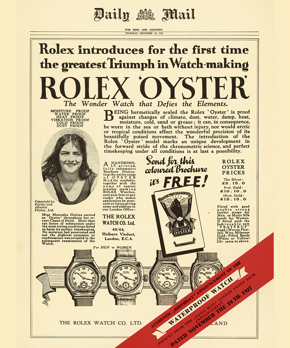 Rolex Anzeige zu Mercedes Gleitze von 1927