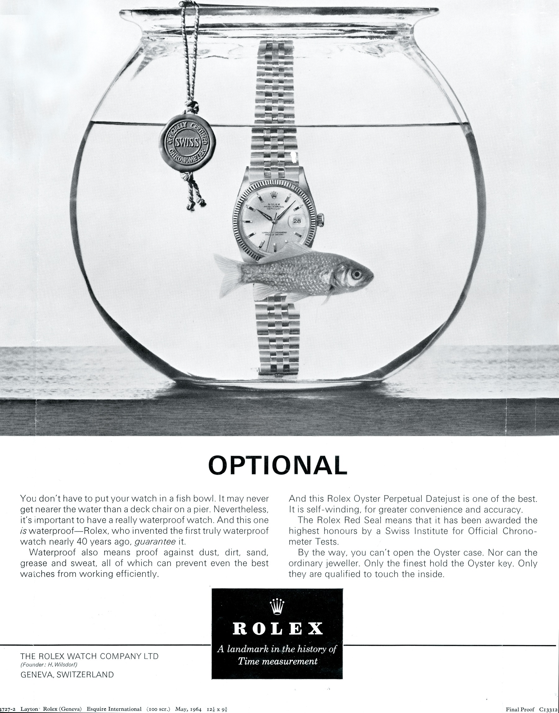 Rolex Oyster im Goldfischglas, Werbung von 1964
